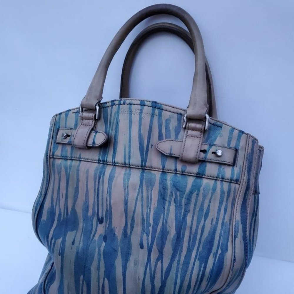 Ferragamo leather tote bag painted XL purse gray green brown beige blue stripes - Picture 3 of 16